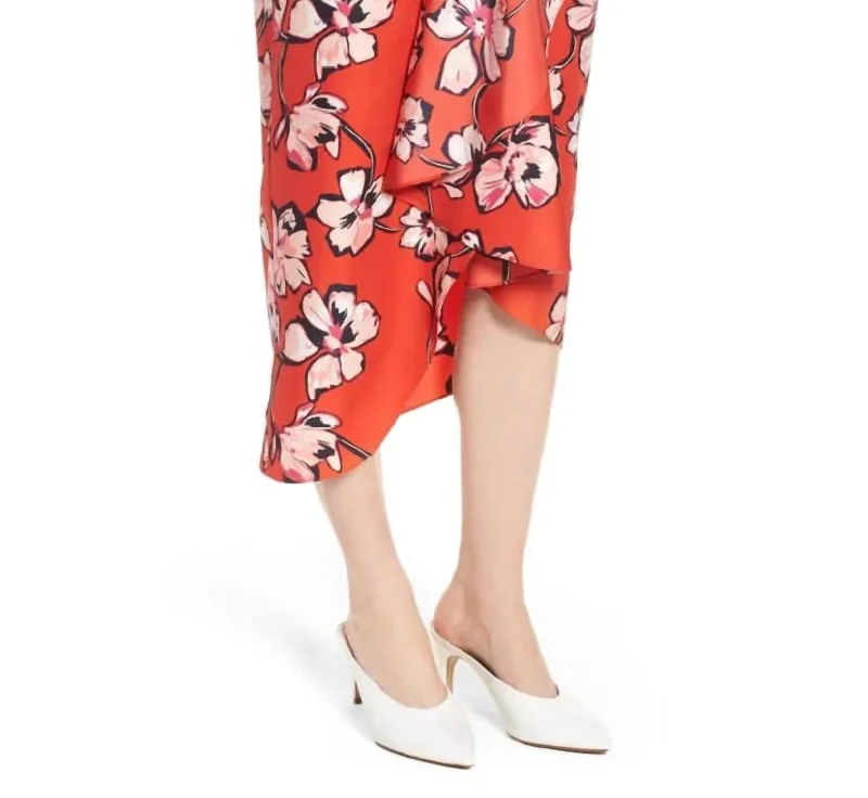 Hibiscus Floral Faux Wrap Silk Midi Skirt In Red