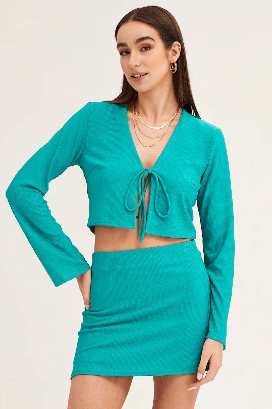 Green Textured A Line Mini Skirt