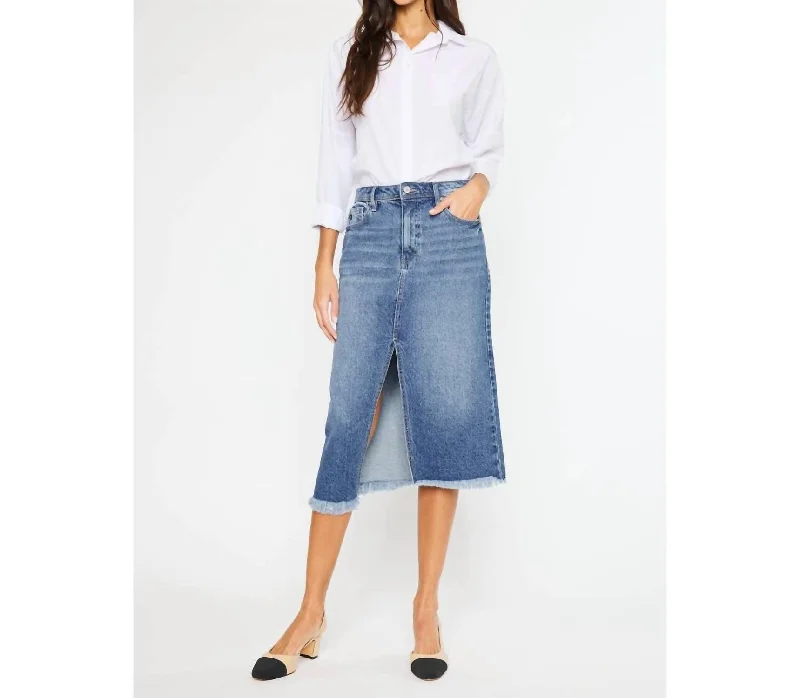 High Rise Denim Midi Skirt In Medium Wash