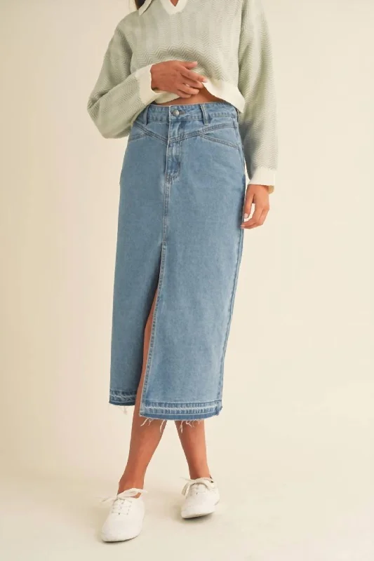 Front Slit Midi Denim Skirt In Blue