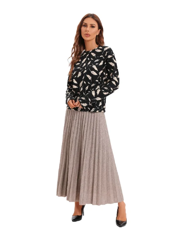 Beige Shimmering Knitted Midi Pleated Skirt