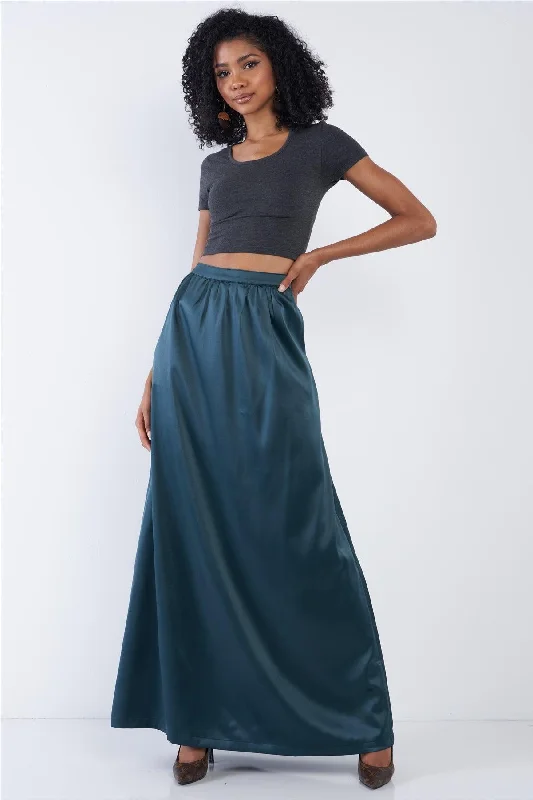 Emerald Green Satin High Waist Flowing Maxi Skirt