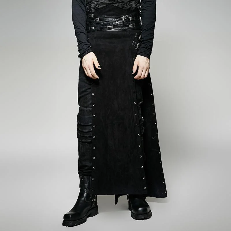 Men's Steampunk Buckle Up Side Slit Maxi Skirt