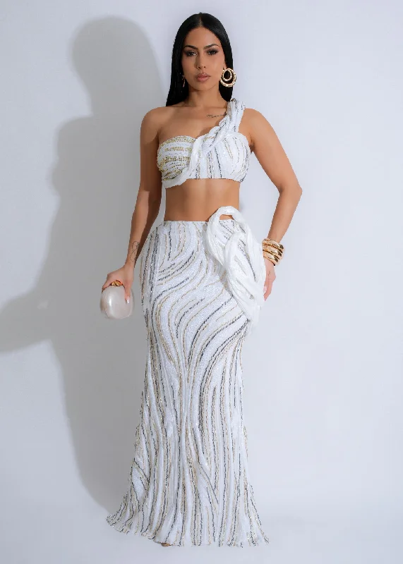 Opulent Waves Sequin Mesh Skirt Set White