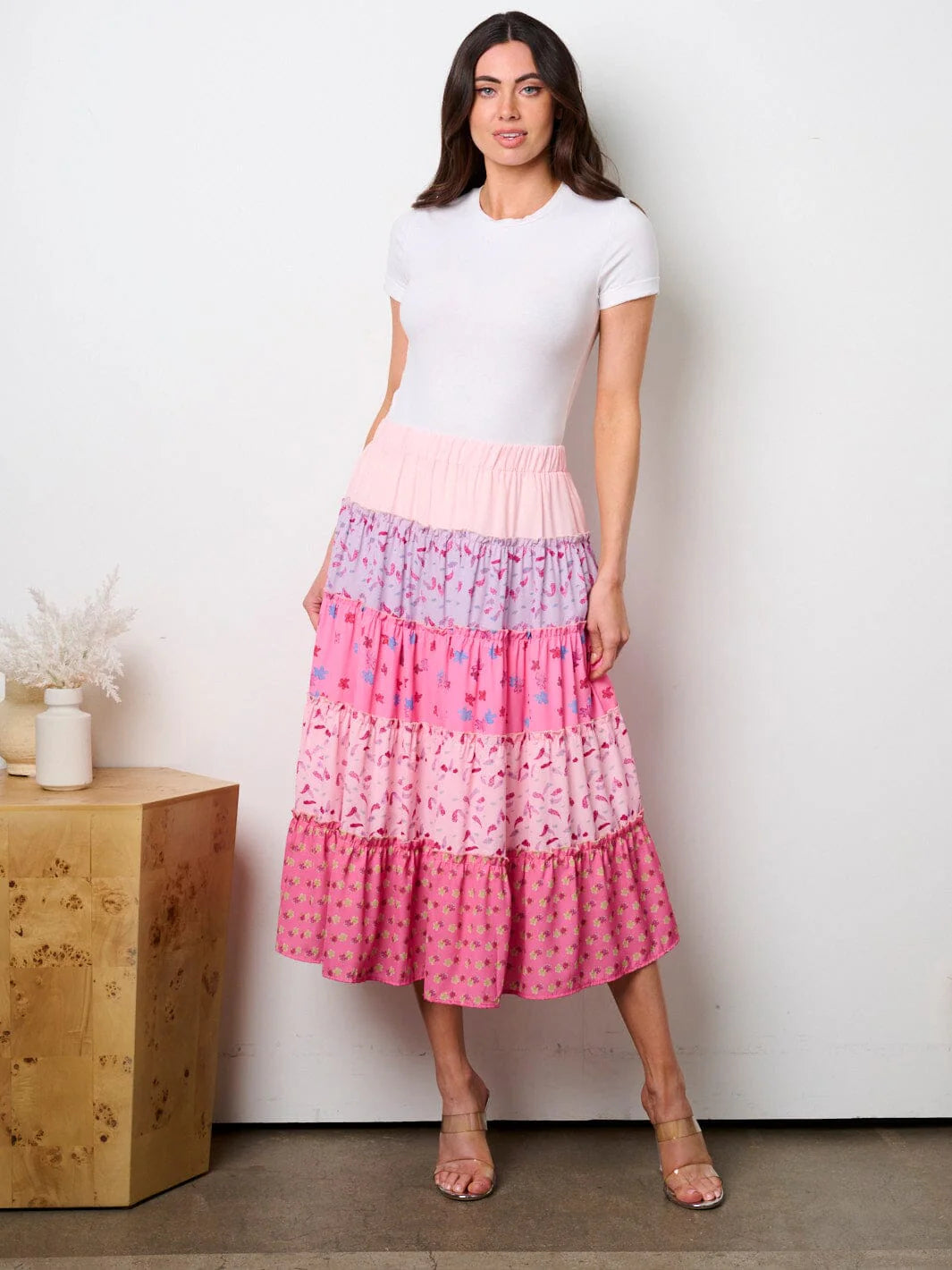 Patchwork tiered skirt in pink