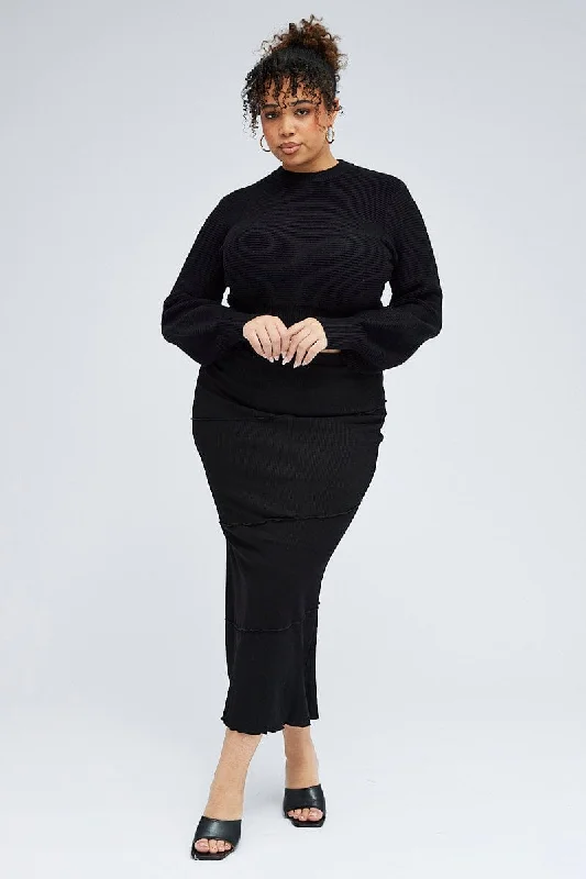 Black Maxi Skirt Asymmetrical Rib