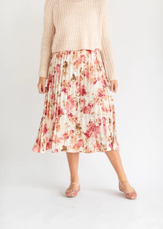 Pink Pleated Floral Satin Maxi Skirt - FINAL SALE