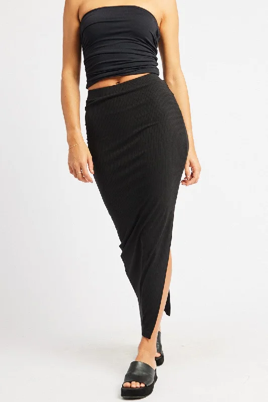 Black Midi Skirt High Rise Rib Jersey