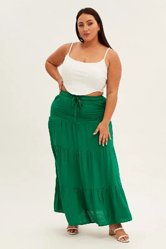 Green Maxi Skirt High Waist Tiered