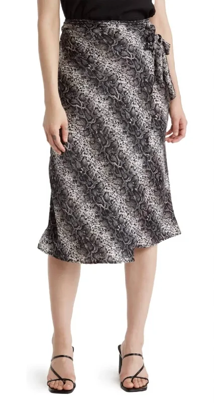 Faux Wrap Snakeskin Print Midi Skirt In Black/white