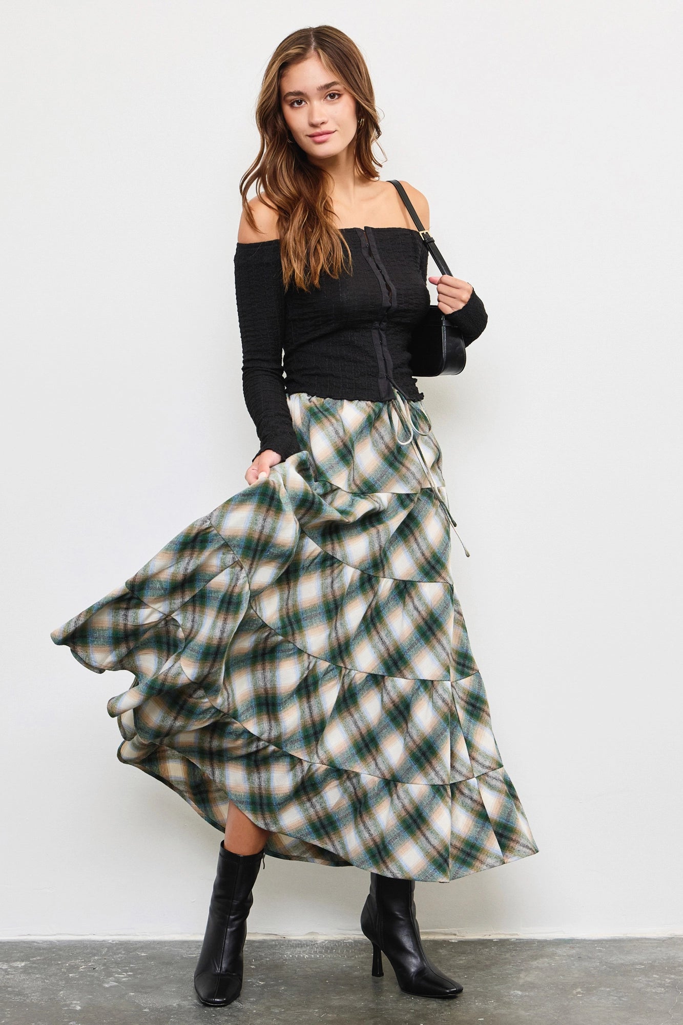 Flannel Plaid Tiered Hem Maxi Skirt