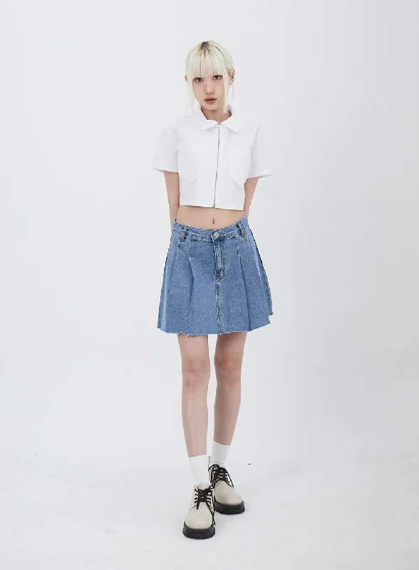 Pleated Denim Mini Skirt IU313