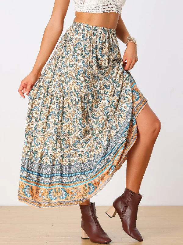 Boho Casual Bohemian Floral Printed Elastic Waist Maxi Skirt