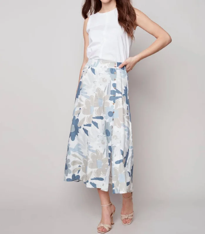 Printed Linen Long Skirt In Basil