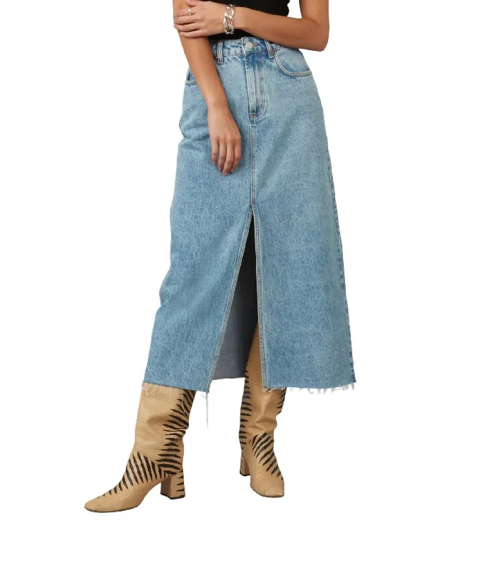 Halston Denim Maxi Skirt With Front Slit In Vintage Ice Blue