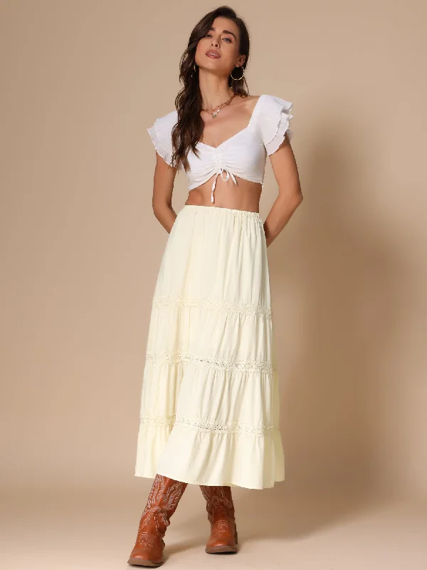 Lace Trim Tiered Elastic High Waist Maxi Skirt