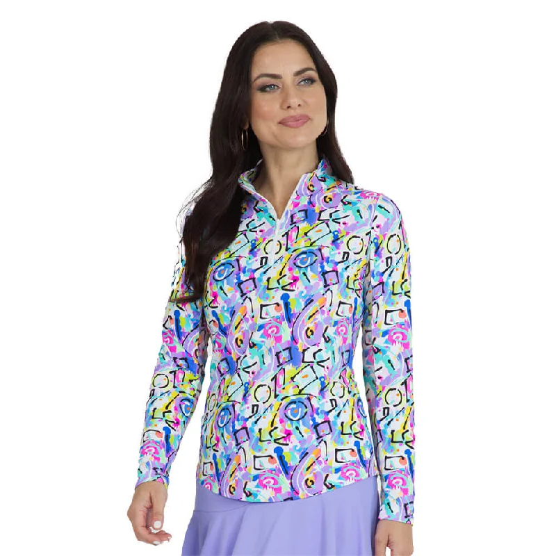 IBKUL Calli Print Long Sleeve Mock Neck Top - Turquoise Multi