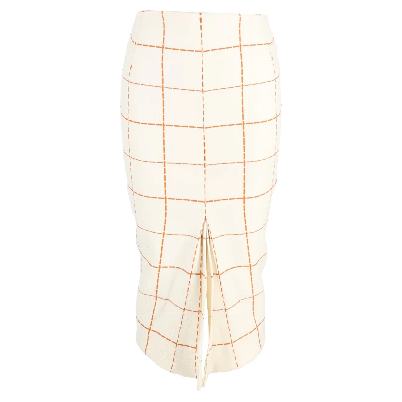 Victoria Beckham Pleated Check Print Midi Skirt in Cream Wool