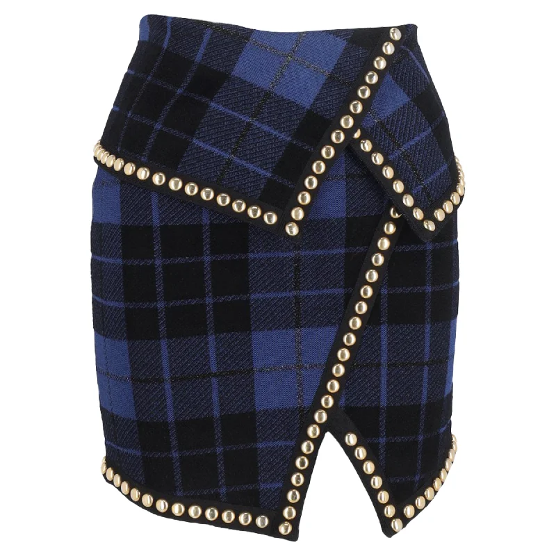 Balmain Checkered Mini Skirt Blue Wool