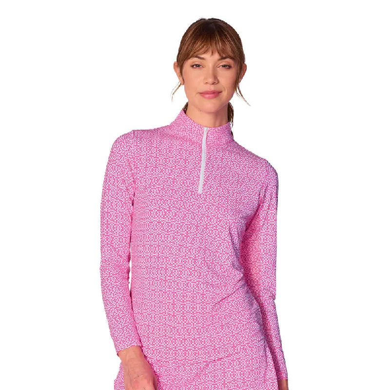 G Lifestyle Cubic Long Sleeve Zip Mock Neck Top - Hot Pink