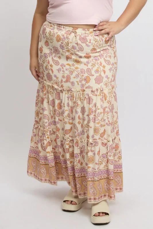 Beige Boho Tiered Maxi Skirt